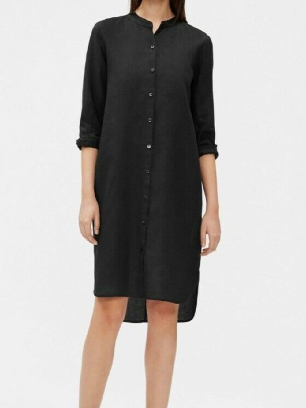 Eileen Fisher Black Linen Button Down Long Sleeve Dress Mandarin Collar Dress